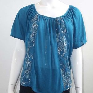 Blue & Silver Lace Ruffled Crop Top/Blouse Size M